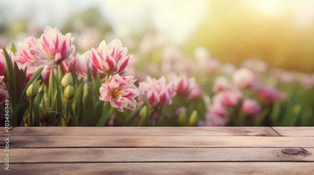 Rustic wooden countertop with a blurred background of a flower field. Selective focus. Rustic wooden countertop with a blurred background of a flower field. Selective focus.