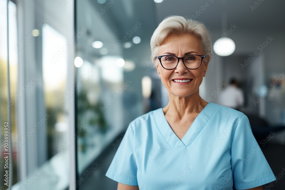 Fototapeta premium A practicing dentist smiles at the clinic. Adult female orthodontist surgeon stands in the office and is ready to receive hospital patients. Advertising of a dental clinic. Generative AI.