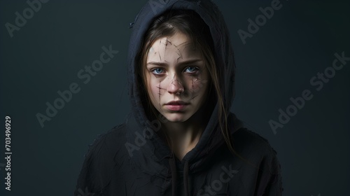 A young woman with signs of breakdown, a victim of domestic violence.
