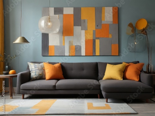 Modern interior design with abstract geometric paintings on a gray wall