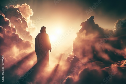 Jesus opening skyes, receiving blessings from god, clouds and setting sun, christianity and christmas concept photo