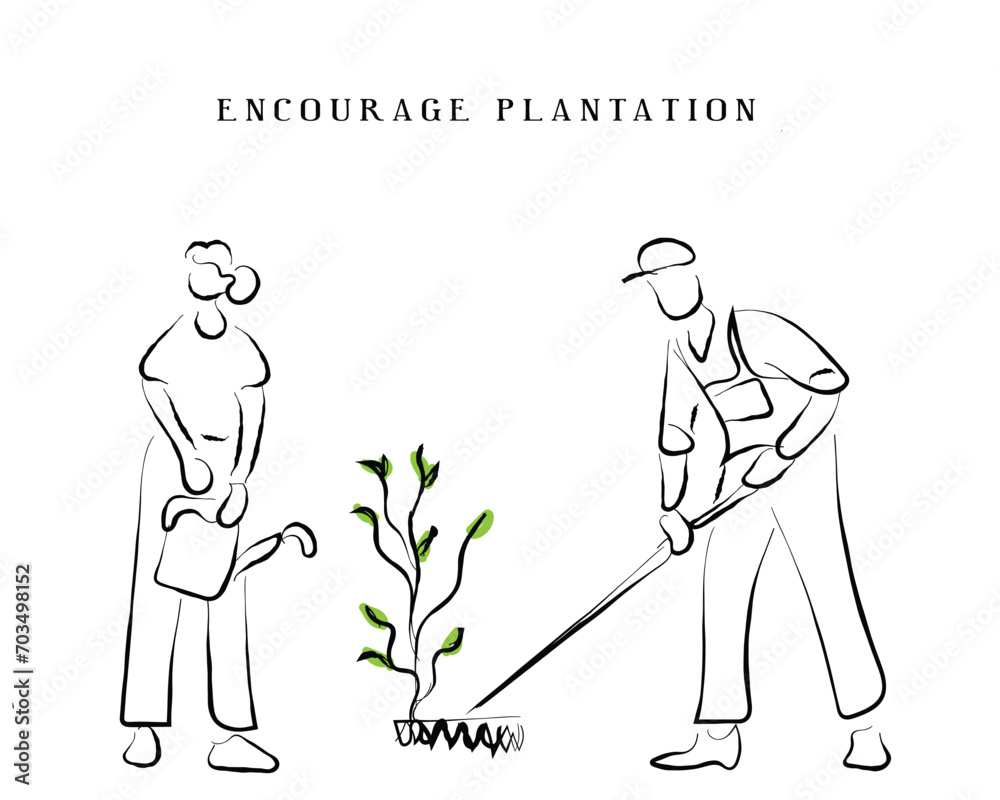 Hand drawn line art vector of people busy planting. Encourage plantation and save planet. climate change awareness