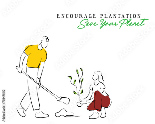 Hand drawn line art vector of people busy planting. Encourage plantation and save planet. climate change awareness.