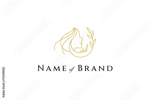 Beauty woman line art logo design template with leaf plant elements