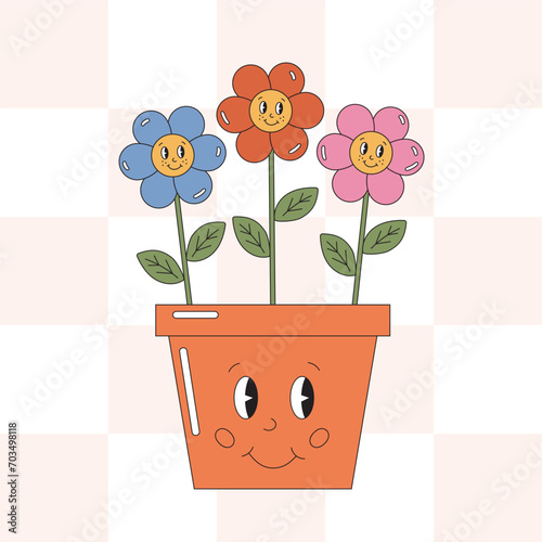 Cute flowerpot with smiling flowers in retro groovy style. Positive concept in vintage 90s, 80s style. Vector hippie smile cartoon pot with blooming flowers illustration.