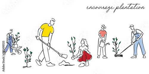 hand drawn line art vector of a team of volunteer busy planting trees. Climate change and importance of plantatiob.