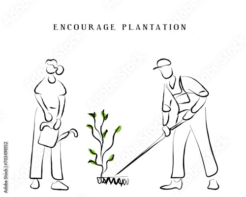 Hand drawn line art vector of people busy planting. Encourage plantation and save planet. climate change awareness