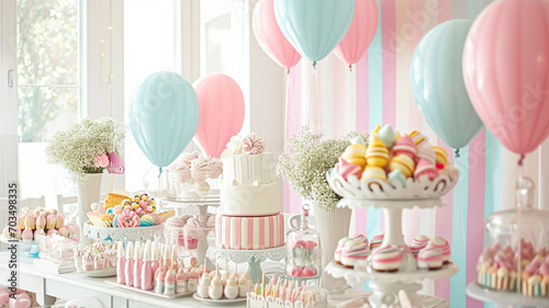 Birthday tablescape or candy bar with sweets, Birthday cake and cupcakes, beautiful party celebration