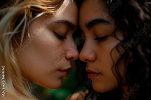 Couple in love, young lesbian, intimate romantic valentine face portrait