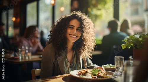 curly haired woman eating at a restaurant