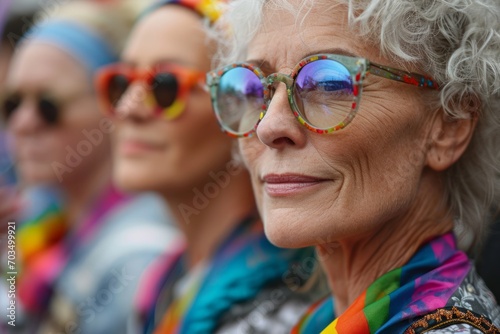 Senior Woman's Prideful Contemplation. Thoughtful elderly lady with pride colors in background.