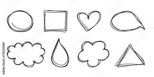 A hand-drawn set of overlapping patterns. Circle, Flower, Cloud, Triangle, Square, Drop
