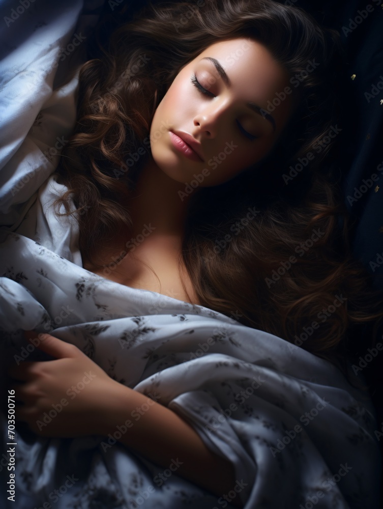 Naklejka premium Stunning lady dozing in bed during nighttime.