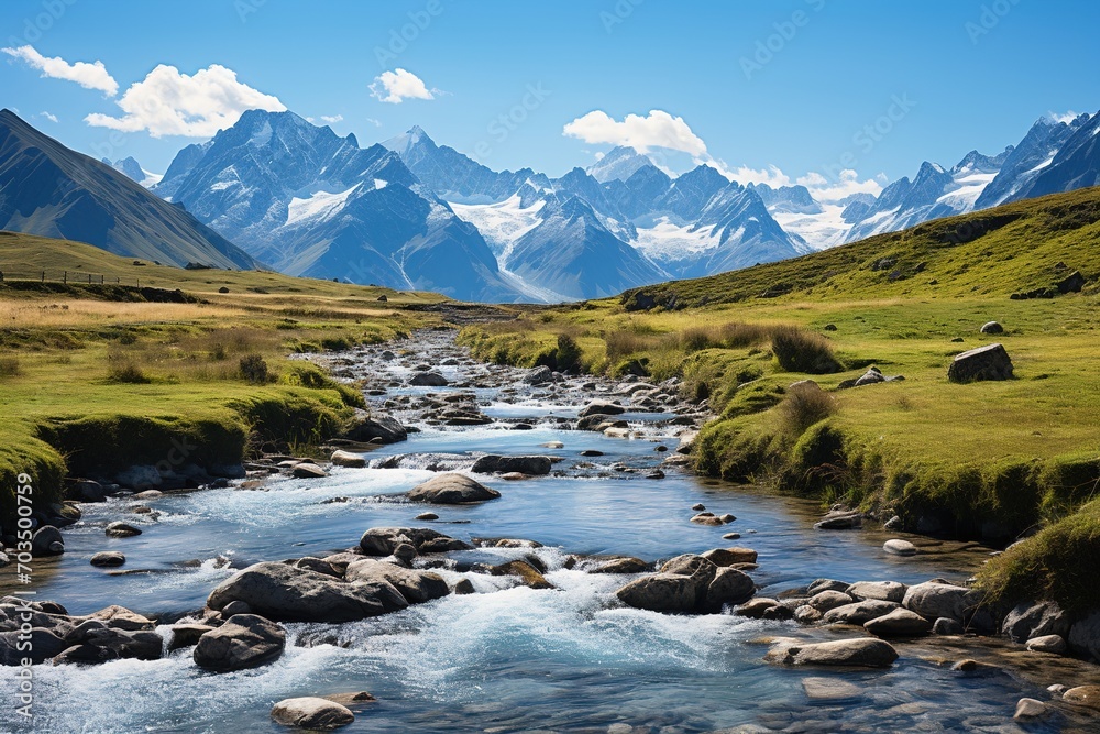 Scenic view of a mountain valley with a river flowing through it Scenic view of a mountain valley with a river flowing through it