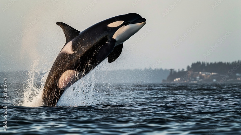 dolphin jumping out of water, Illuminate the scene of an orca breaching the surface, forming a dramatic splash, with impeccable lighting accentuating the magnificence and power of this marine mammal - obrazy, fototapety, plakaty 