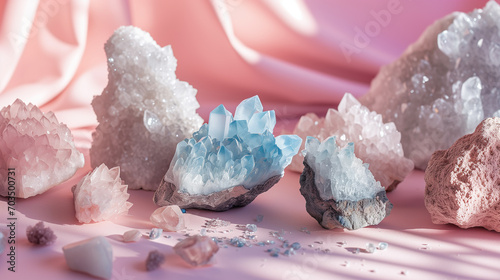 set of crystals and geodes, pastel colors, minimalist, peachy and lavender colors, flatlay isolated on pink bsckground photo