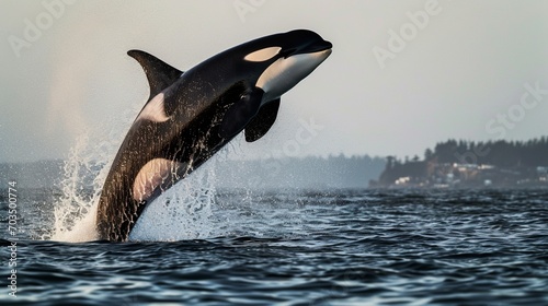 dolphin jumping out of water, Illuminate the scene of an orca breaching the surface, forming a dramatic splash, with impeccable lighting accentuating the magnificence and power of this marine mammal photo