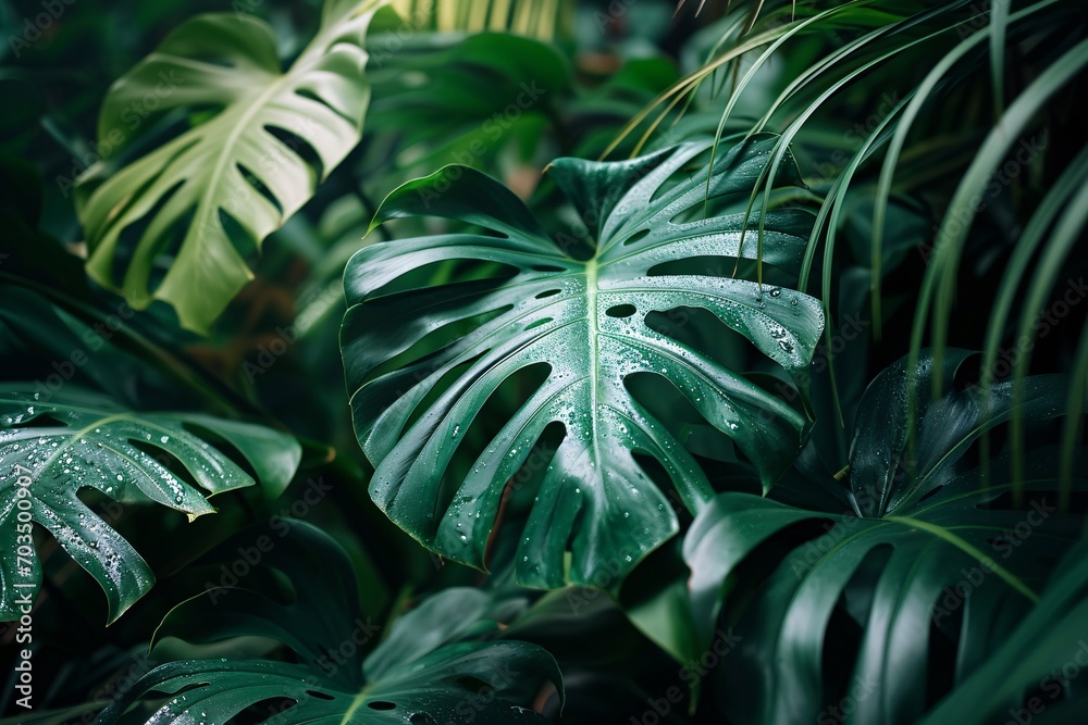 Detailed macro view of lush foliage and palm trees in a dark, tropical setting. Detailed macro view of lush foliage and palm trees in a dark, tropical setting.