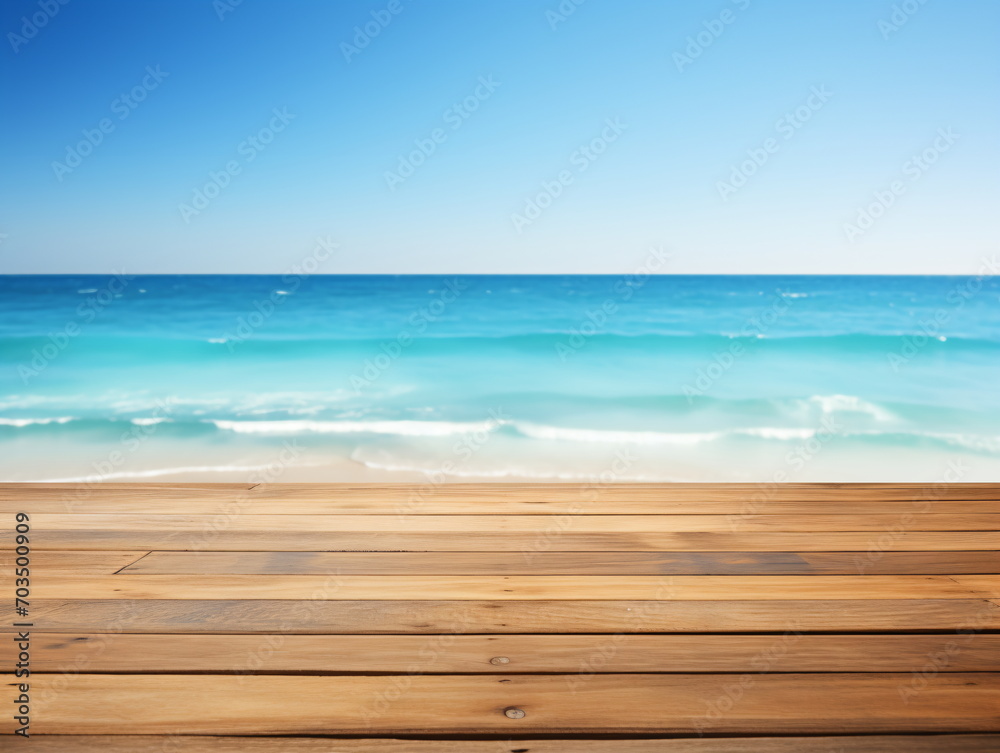 Wooden dock over blurred tropical beach and ocean Wooden dock over blurred tropical beach and ocean