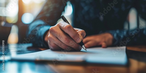 Considering purchasing a property investing in the housing market, an agent signs a contract for a prosperous transaction. photo