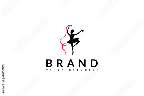 Ballerina silhouette logo with ribbon variations flat vector design style