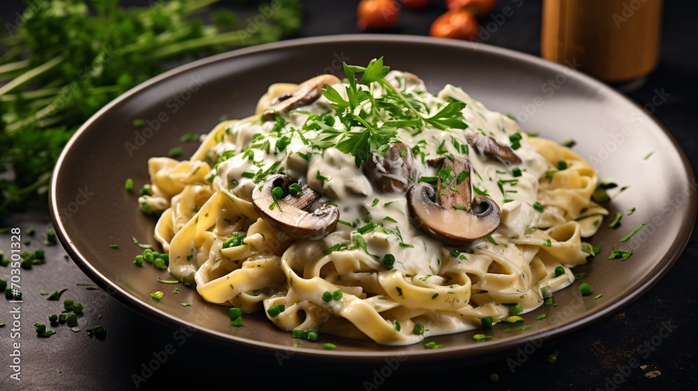 Creamy mushroom pappardelle with parsley on a stone background.