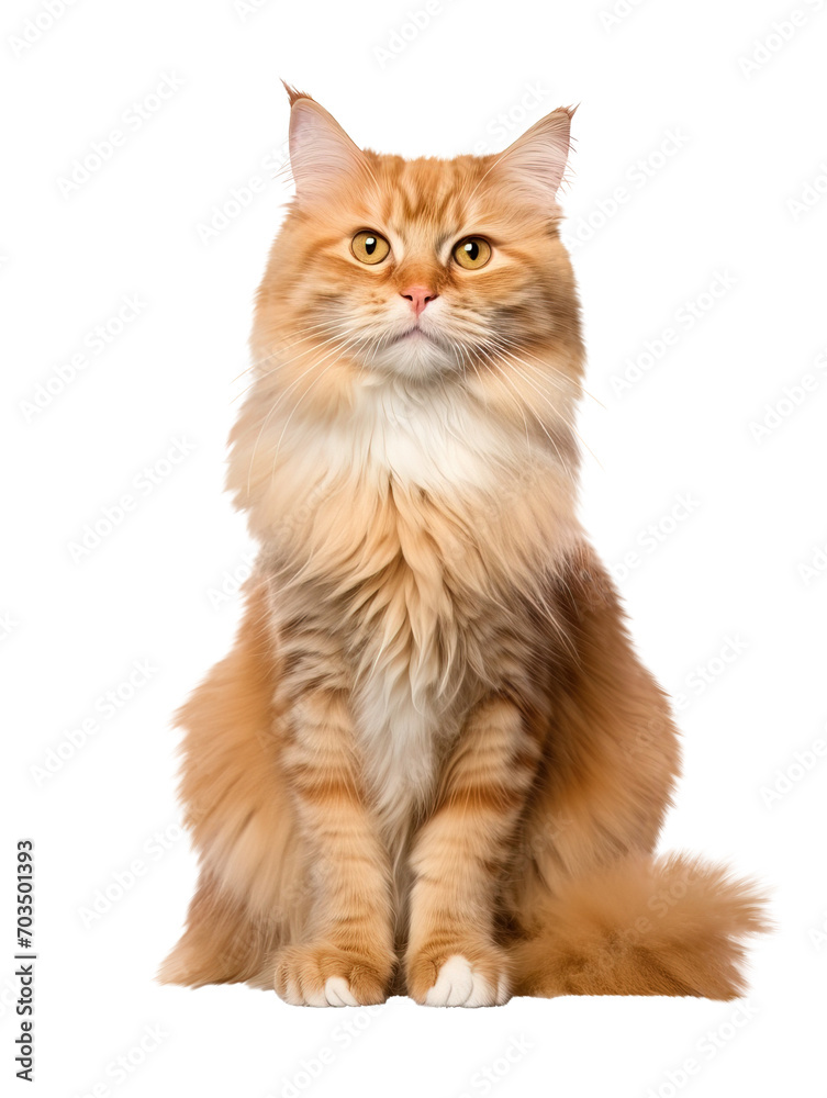 Respectable orange fluffy cat sitting, isolate