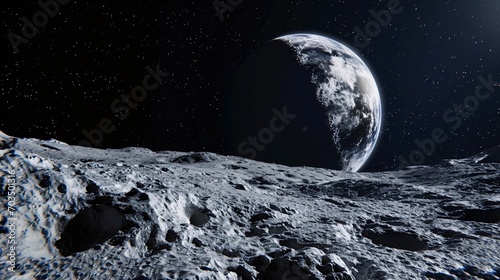 The lunar surface  dotted with craters  glides through the dark expanse of space while astronauts explore. The planet is illuminated by city lights at night. 