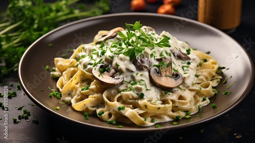 Creamy mushroom pappardelle with parsley on a stone background.