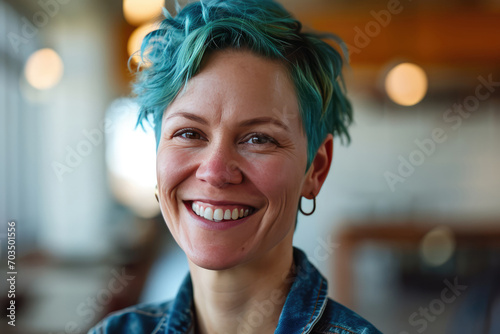 Smiling Woman Employee Environmental Engineer With Blue Hair