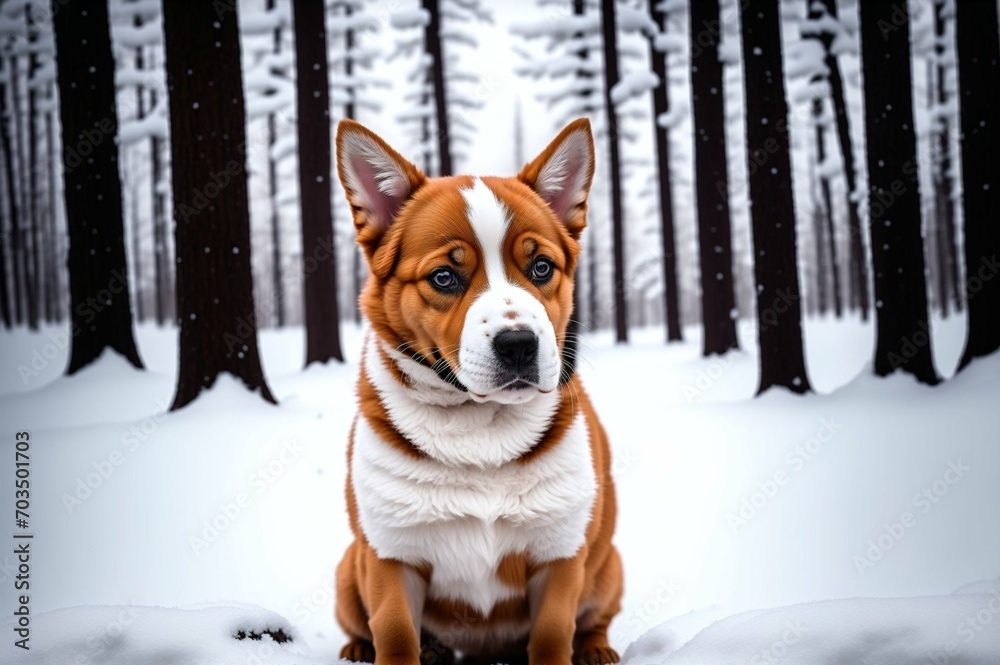 Adorable dog sitting on the snow in the winter forest. Selective focus. Adorable dog sitting on the snow in the winter forest. Selective focus.