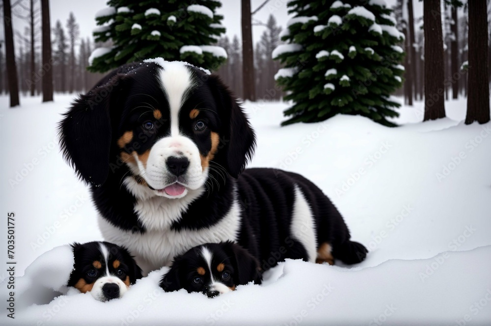 Adorable dog sitting on the snow in the winter forest. Selective focus. Adorable dog sitting on the snow in the winter forest. Selective focus.