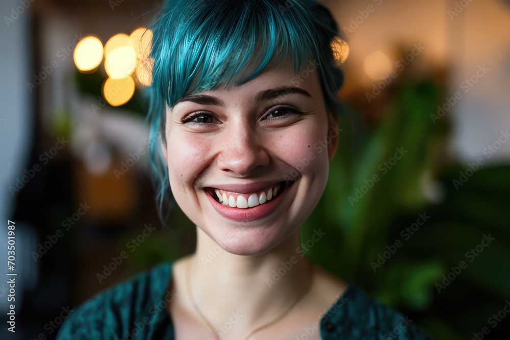 Smiling Woman Employee Marketing Manager With Blue Hair Smiling Woman Employee Marketing Manager With Blue Hair