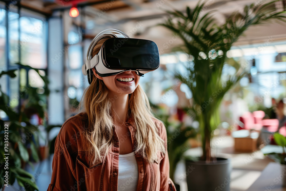 Smiling Woman Employee Occupational Therapist In Virtual Vr Goggles