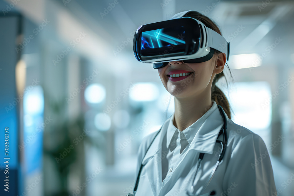 Smiling Woman Employee Physician In Virtual Vr Goggles Smiling Woman Employee Physician In Virtual Vr Goggles