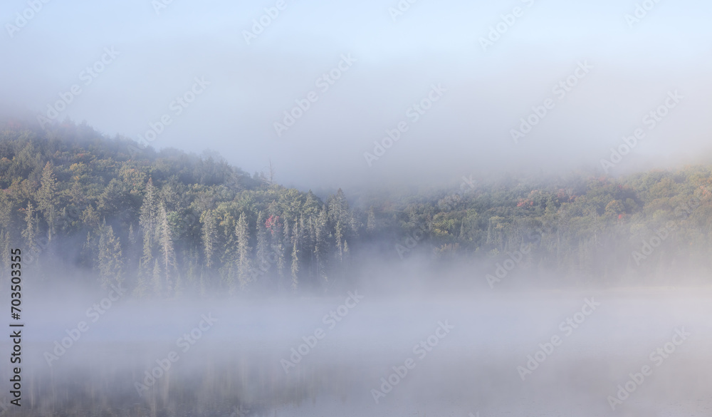 Ontario's Tranquil Haven: Northern Landscape in Provincial Park with Misty Trees, Lakes, and River, Northern Landscape.  Photography.