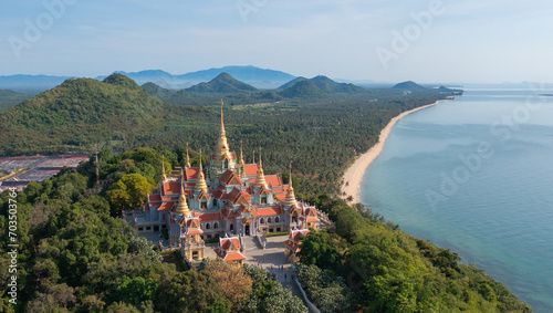 Aerial top view of Wat Thang Sai, Prachuap Khiri Khan, Thailand. Travel trip on holiday and vacation. Thai tourist attraction architecture.