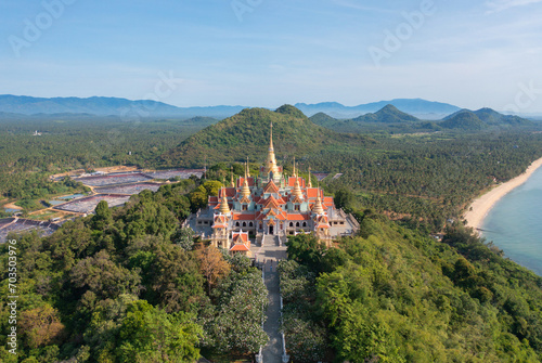 Aerial top view of Wat Thang Sai, Prachuap Khiri Khan, Thailand. Travel trip on holiday and vacation. Thai tourist attraction architecture.