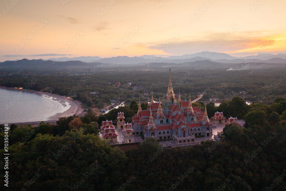 Aerial top view of  Wat Thang Sai, Prachuap Khiri Khan, Thailand. Travel trip on holiday and vacation. Thai tourist attraction architecture.