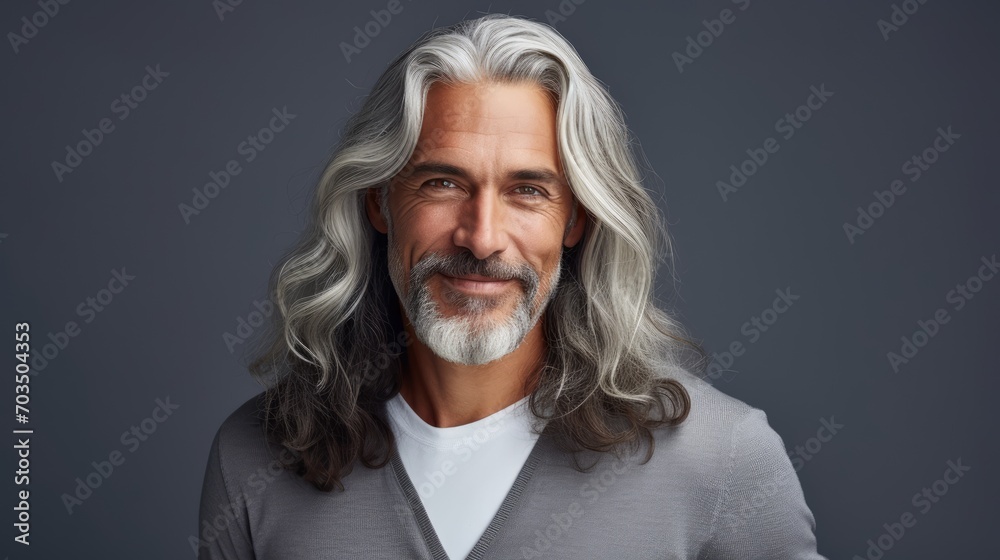 Beautiful smiling mature man with long gray hair, on a dark background. Beautiful smiling mature man with long gray hair, on a dark background.