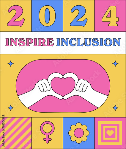International Women's Day 2024 campaign #InspireInclusion. Geometric abstract poster in the trendy retro Neo brutalism style. IWD 8 March Women's History Month. Inspire Inclusion feminism holiday.