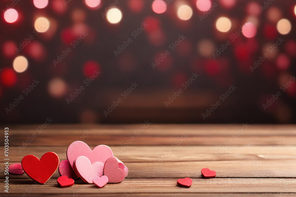 red background with blurred bokeh for Valentine's day with red hearts on a wooden table, place for text, valentine's day card red background with blurred bokeh for Valentine's day with red hearts on a wooden table, place for text, valentine's day card
