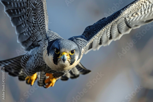 The Peregrine Falcon in full flight, wings outstretched, as it effortlessly slices through the air