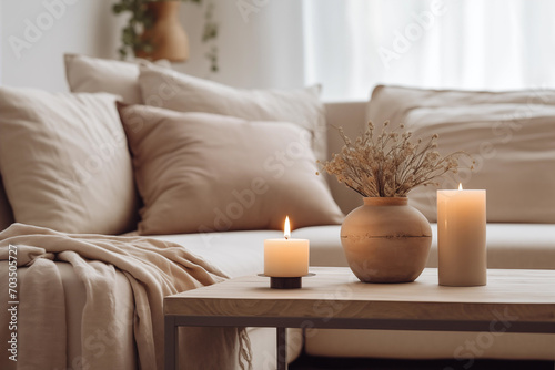 Modern house interior details. Simple cozy beige living room interior with sofa, decorative pillows, wooden table with candles and natural decorations. Generative AI