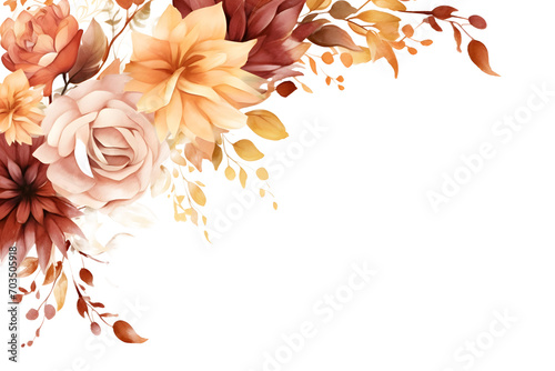 Fototapeta Naklejka Na Ścianę i Meble -  Autumn floral corner border with dahlia, rose and eucalyptus leaves. Fall frame, banner, background. Burnt orange flowers, yellow, terracotta foliage. Watercolor illustration. Rustic wedding