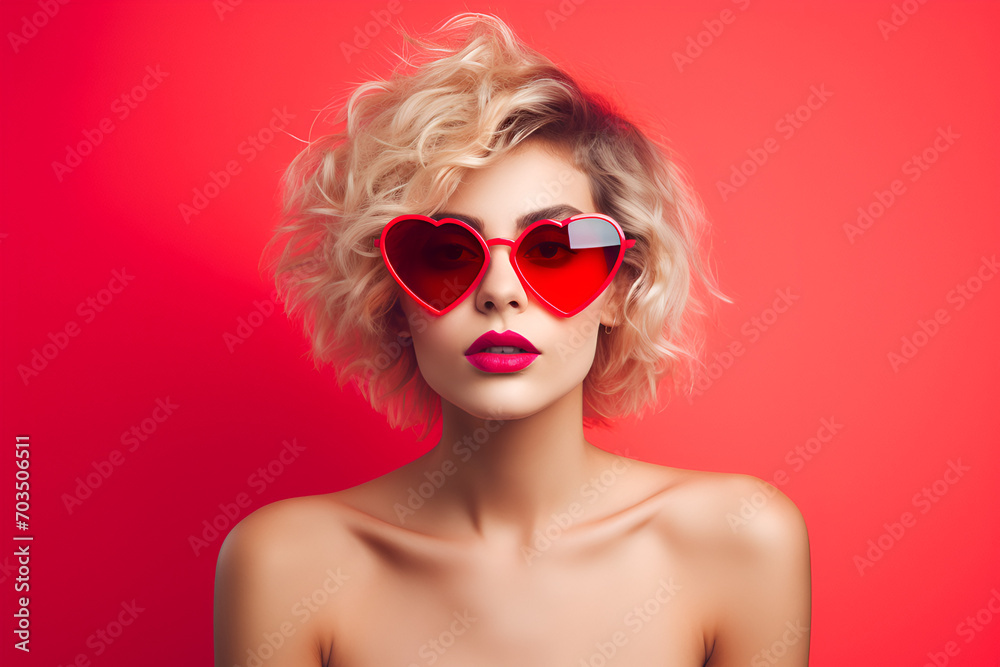 Portrait of a blonde woman with pink lips with a heart shapped red sunglasses on a red background