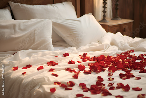 Red rose petals on bed