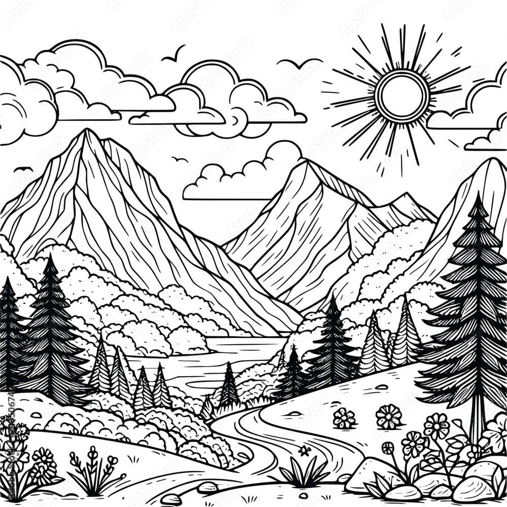 panorama  coloring book black and white outline line art. environment vector drawing