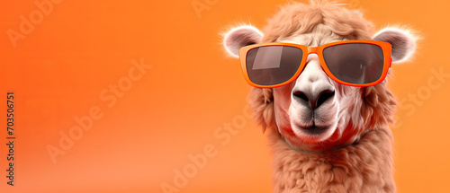 Llama Alpaca Sporting Orange Sunglasses Against a Monochrome Orange Background © Priessnitz Studio