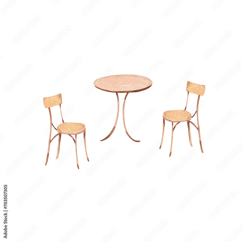 The round table complemented by the surrounding 2 chairs - watercolor hand drawn clipart, isolated elements on white background. Street cafe elements The round table complemented by the surrounding 2 chairs - watercolor hand drawn clipart, isolated elements on white background. Street cafe elements
